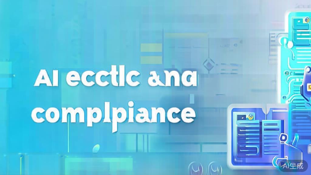 "Flat vector illustration of AI ethics and compliance in business, soft blue gradient"