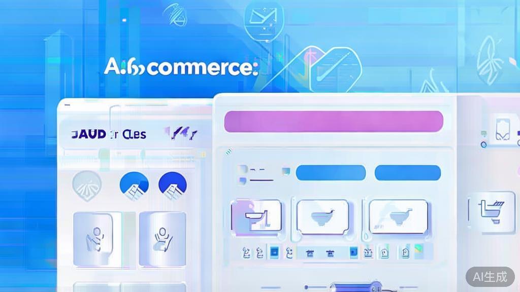 Flat vector illustration of AI-driven e-commerce concept, dashboard style, soft blue gradient