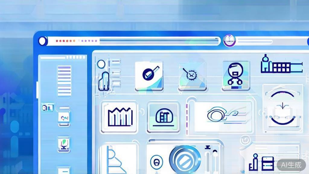 Flat vector illustration of AI technology in business operations, dashboard style, soft blue gradient