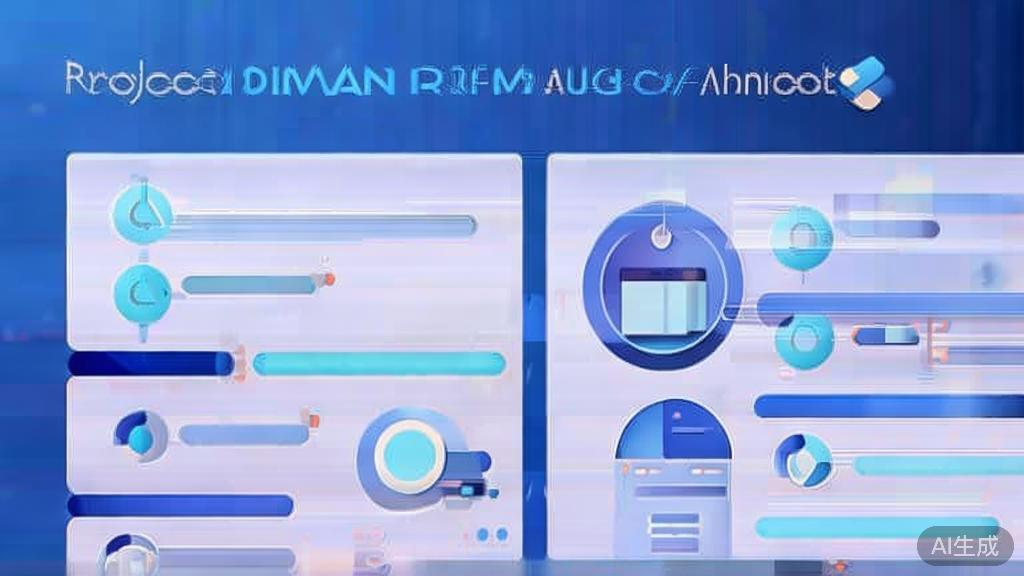 "Flat vector illustration of project management dashboard, dashboard style, soft blue gradient"