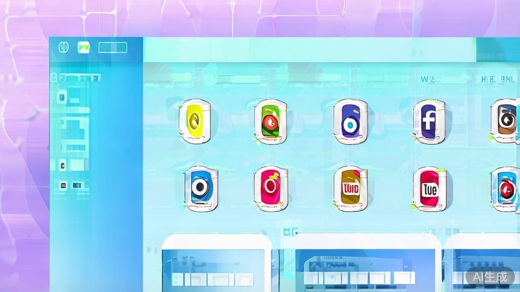 "Flat vector illustration of social media platforms, dashboard style, soft blue gradient"