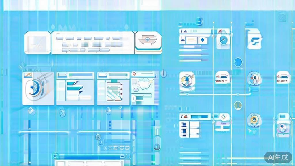 Flat vector illustration of AI tools selection in business, dashboard style, soft blue gradient