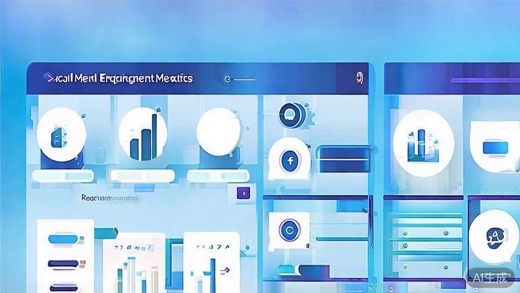 Flat vector illustration of social media engagement metrics, dashboard style, soft blue gradient