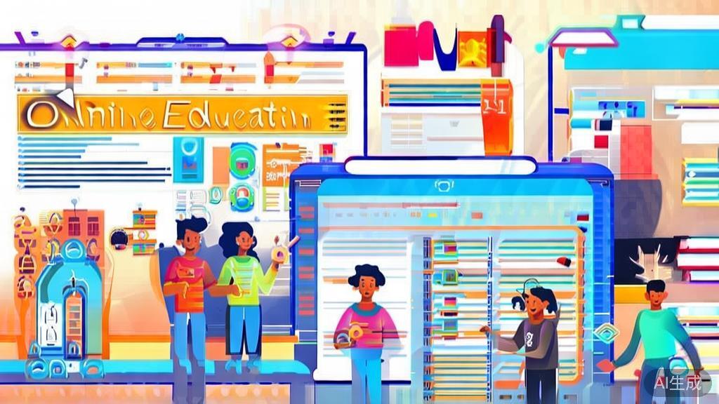 Flat vector illustration of an online education platform with young individuals engaging in interactive learning, bright and professional design