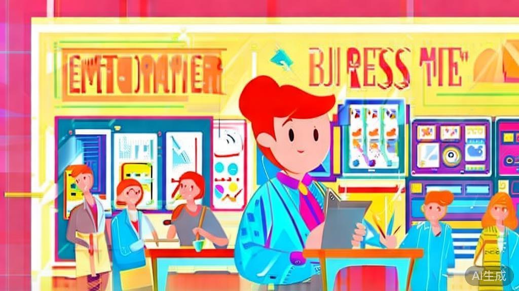 "Flat vector illustration of a young entrepreneur attending a business seminar, taking notes, vibrant engaging environment"