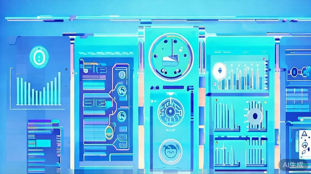 Flat vector illustration of AI technology trends, dashboard style, soft blue gradient