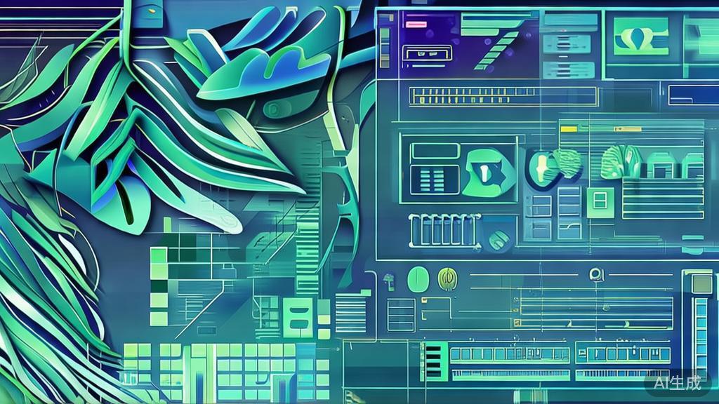 Flat vector illustration combining nature and technology elements, dashboard style, soft blue gradient