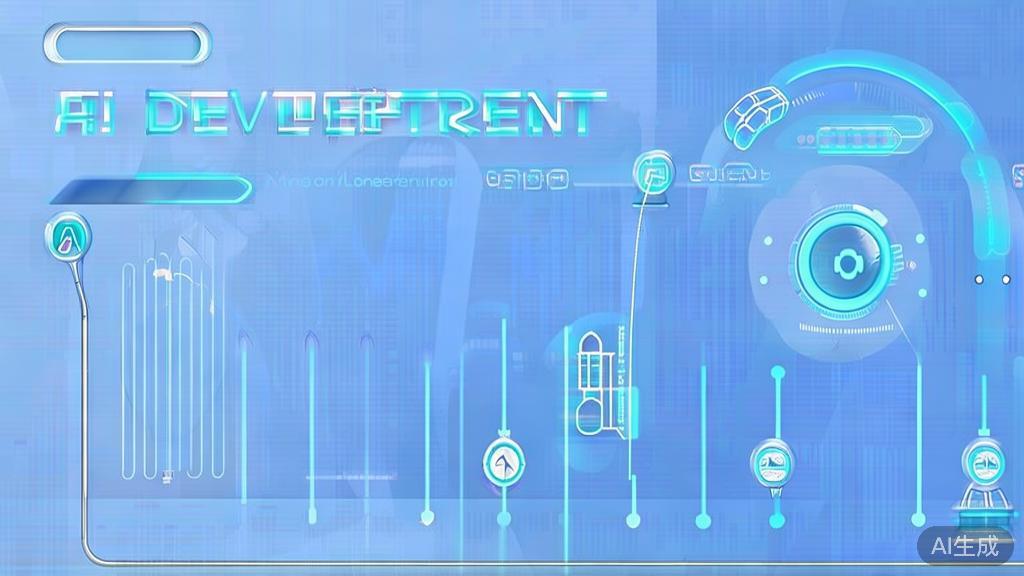 Flat vector illustration of future development trends in AI drawing, dashboard style, soft blue gradient