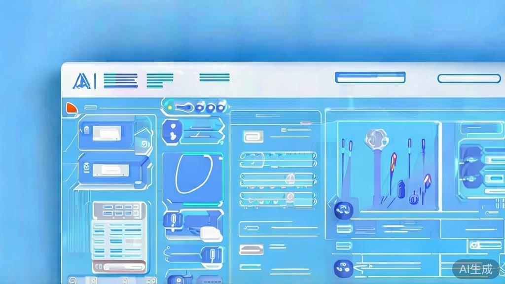 Flat vector illustration of AI tools in art creation, dashboard style, soft blue gradient