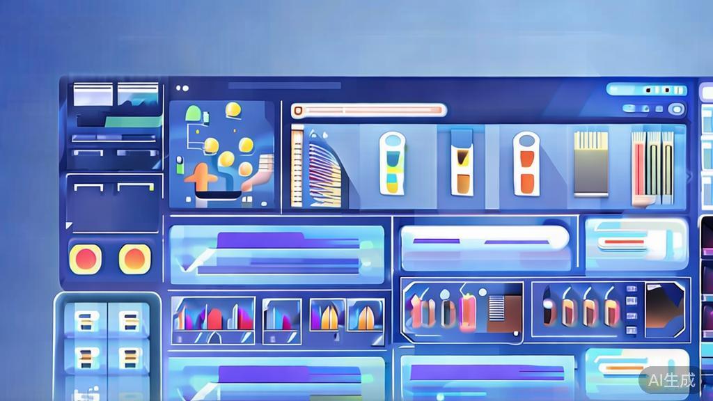 Flat vector illustration of image editing tools in AI art generator, dashboard style, soft blue gradient