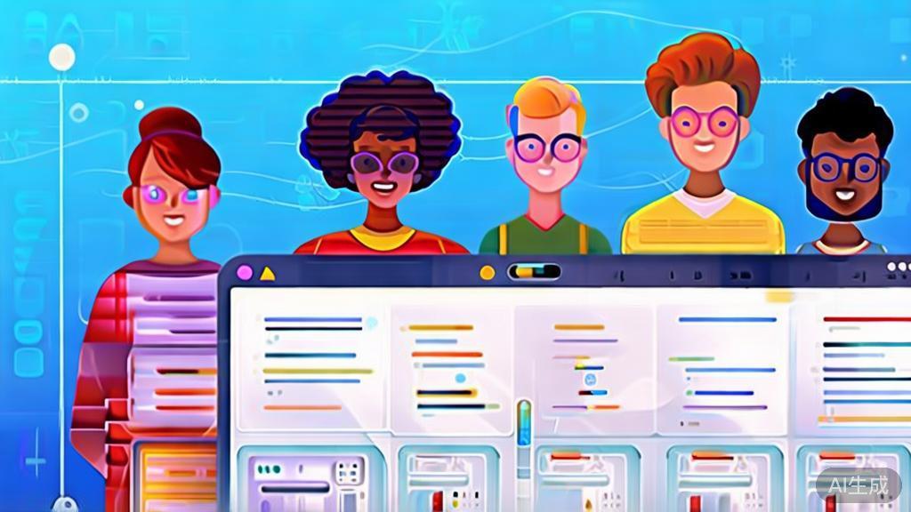 "Flat vector illustration of diverse users collaborating on creative projects using an innovative tool, dashboard style, soft blue gradient"