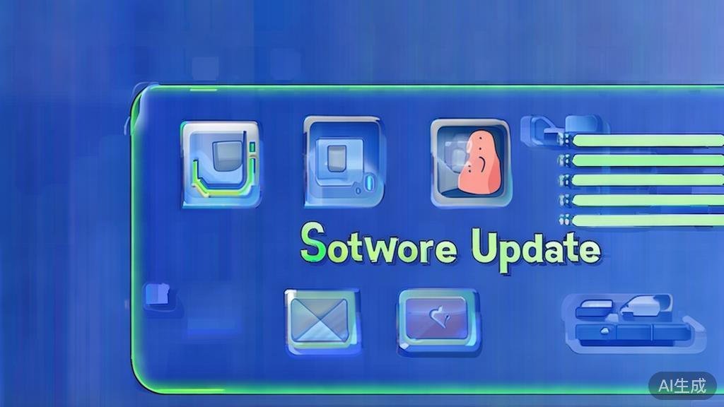 "Flat vector illustration of a user exploring new features on a software update screen, soft blue gradient"