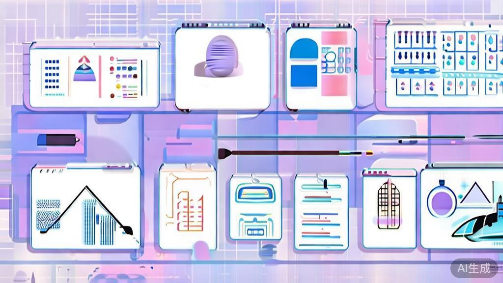 "Flat vector illustration showcasing various applications of AI drawing tools, minimal flat design"