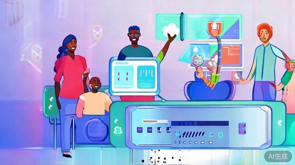 "Flat vector illustration of a community sharing tips for using AI image generator, soft color palette"