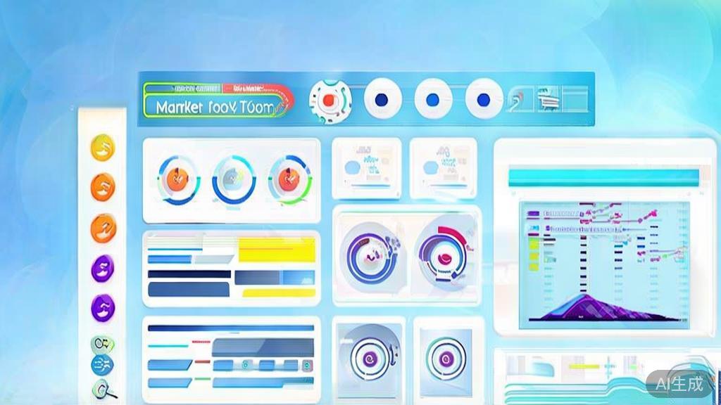 Flat vector illustration of AI drawing tool market trends, dashboard style, soft blue gradient