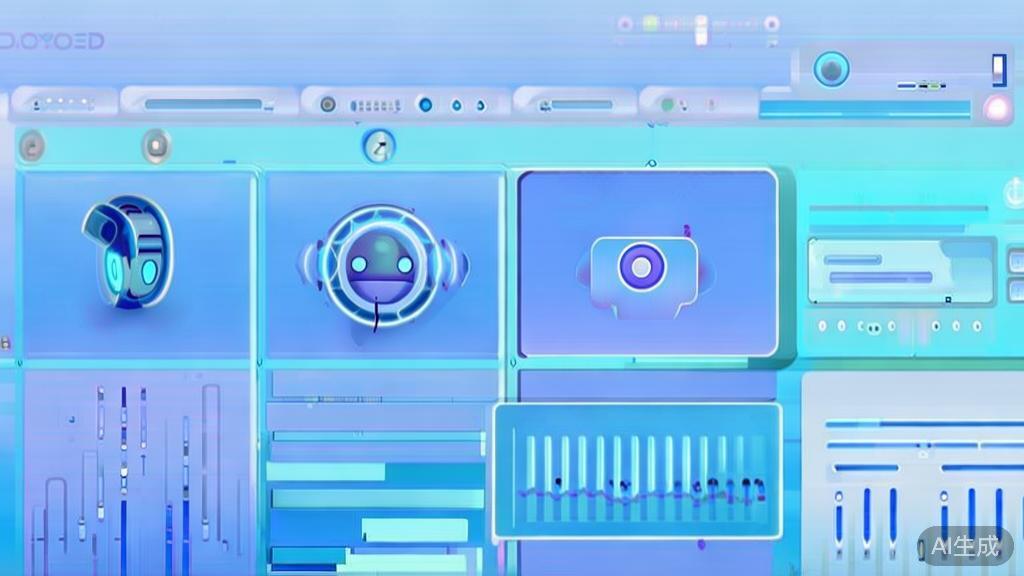 Flat vector illustration of AI image generation, dashboard style, soft blue gradient