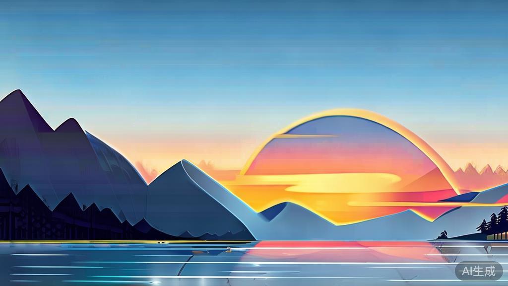 Flat vector illustration of sunset landscape with mountains and lake, dashboard style, soft blue gradient
