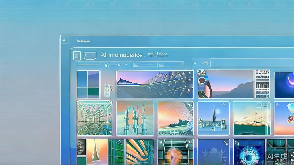 Flat vector illustration of AI-generated images in various applications, dashboard style, soft blue gradient