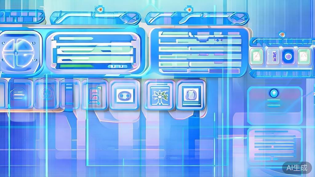 Flat vector illustration of future AI generation trends, dashboard style, soft blue gradient