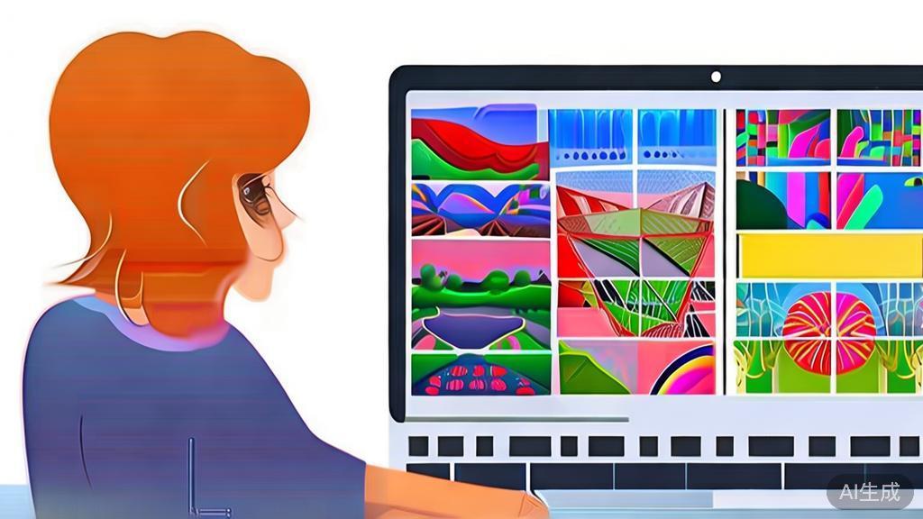 Flat vector illustration of a user interacting with the ChatGPT Images 2.0 tool on a laptop, with vibrant generated images displayed