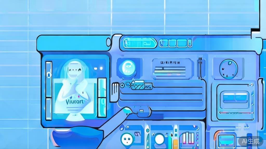 Flat vector illustration of a person using AI for content creation, dashboard style, soft blue gradient