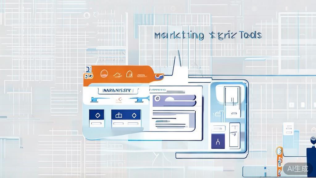 High-quality business illustration regarding marketing strategy with AI tools, minimal flat design