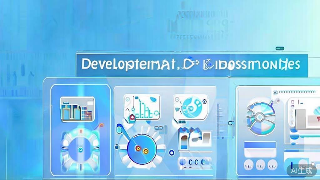 Flat vector illustration of AI business model development, dashboard style, soft blue gradient