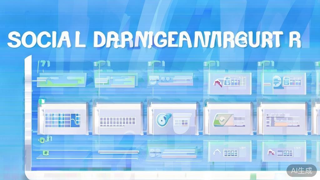 Flat vector illustration of social media management tools, dashboard style, soft blue gradient