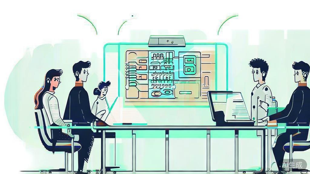 High-quality illustration showing team collaboration using PlantUML in a meeting, minimal flat design