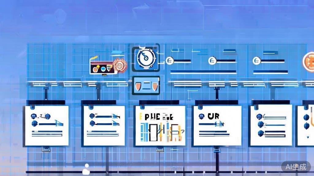 Flat vector illustration of software development process with UML diagrams, dashboard style, soft blue gradient