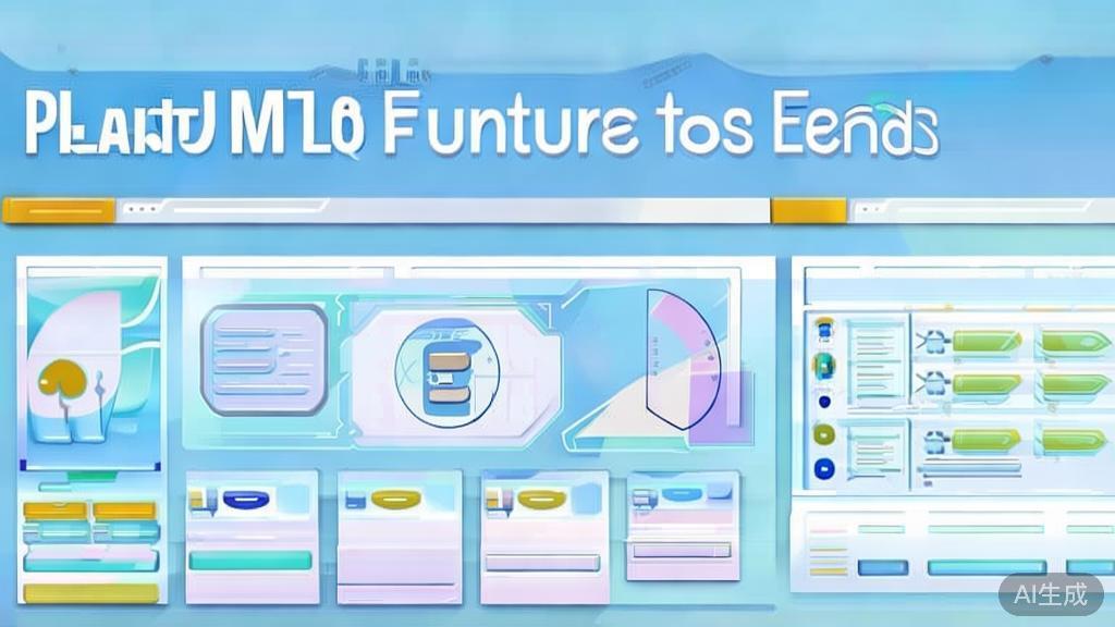 Flat vector illustration of PlantUML future trends, dashboard style, soft blue gradient