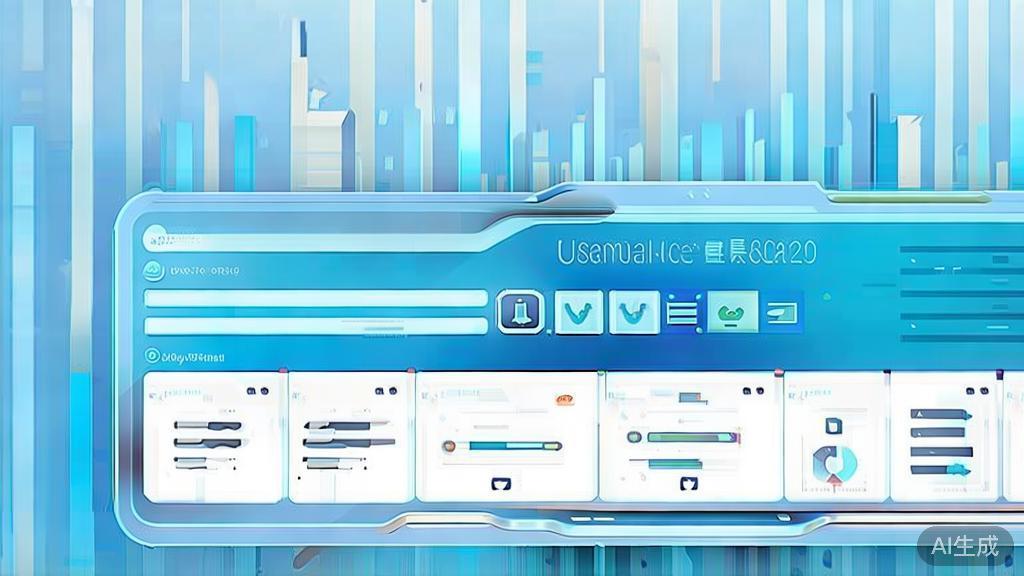 Flat vector illustration of user interface design of 千问Image 2.0, dashboard style, soft blue gradient