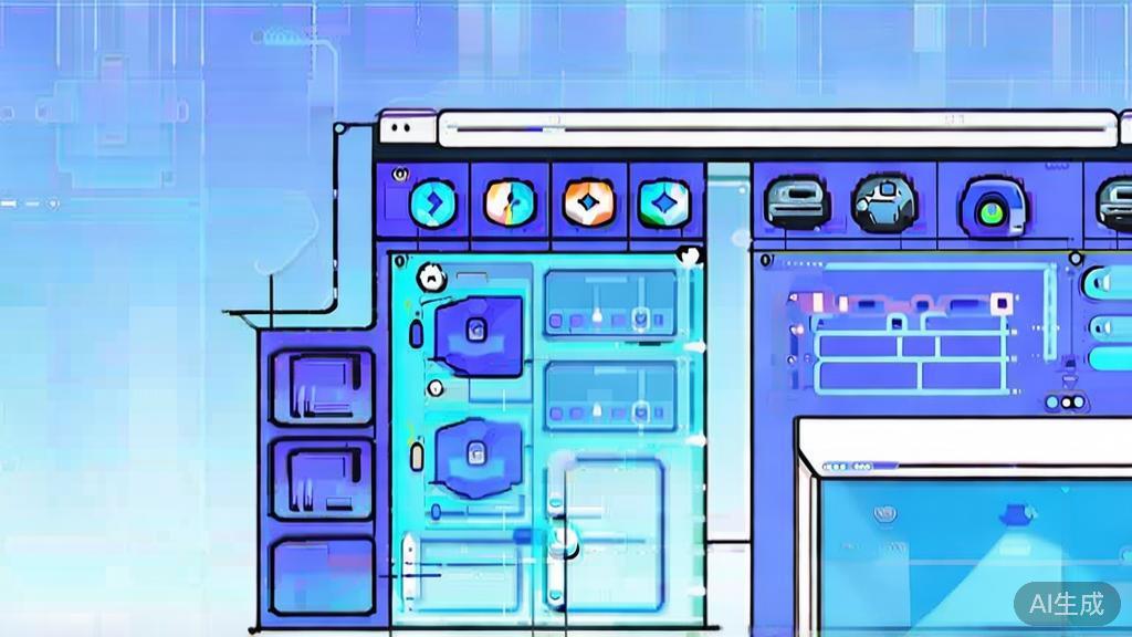 Flat vector illustration of AI technology in image generation, dashboard style, soft blue gradient
