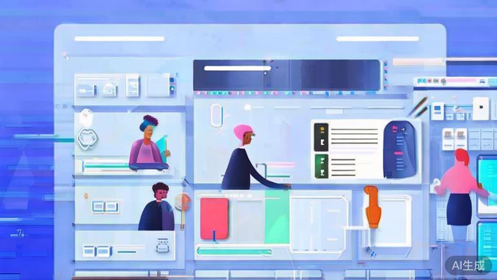 Flat vector illustration of diverse users interacting with a creative tool, dashboard style, soft blue gradient