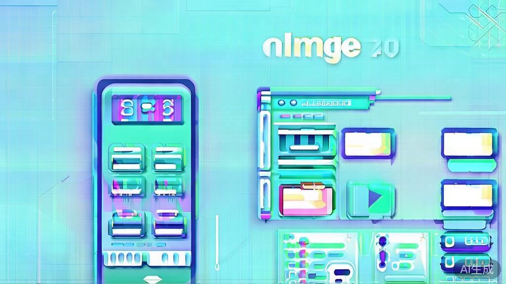 Flat vector illustration of 千问Image 2.0 user interface, dashboard style, soft blue gradient
