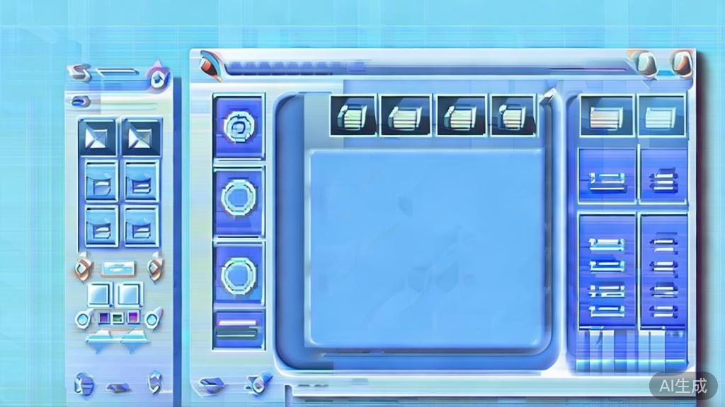 Flat vector illustration of user interface of AI art software, dashboard style, soft blue gradient
