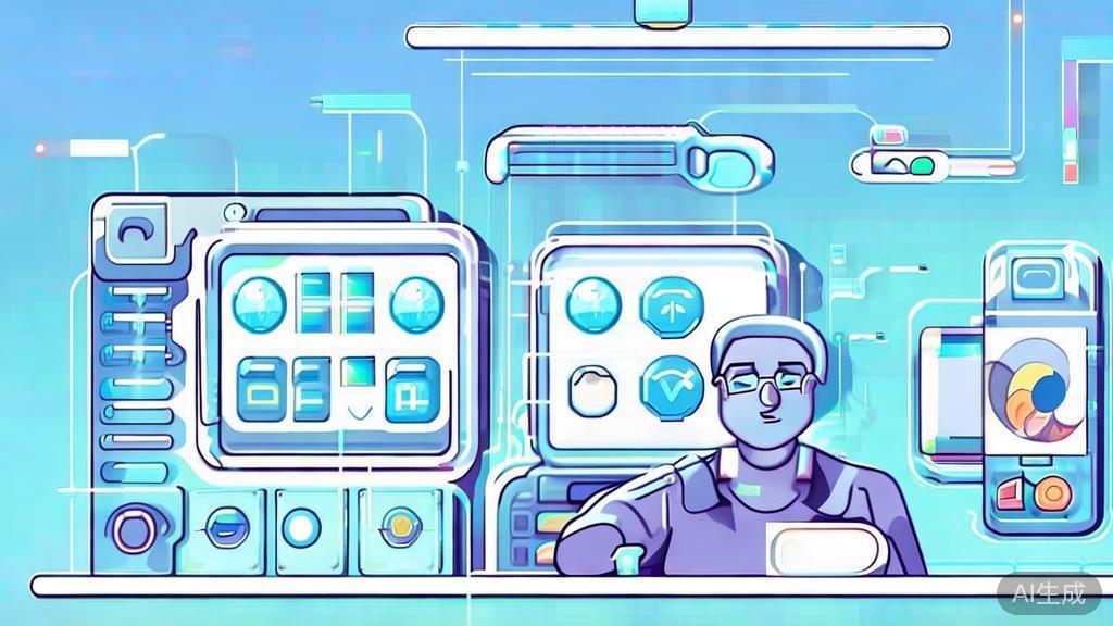 Flat vector illustration of a designer working with AI tools, dashboard style, soft blue gradient