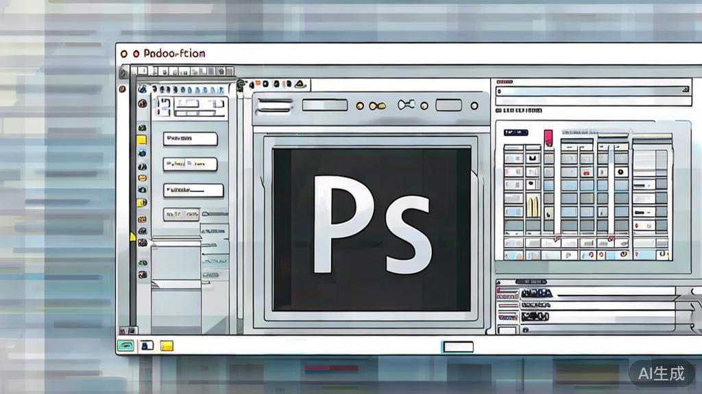 "High-quality business illustration of Adobe Photoshop interface showing advanced editing features, minimal flat design"