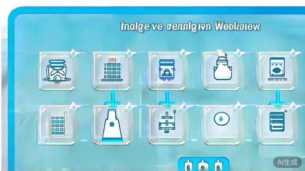 "Flat vector illustration showing a systematic image processing workflow, dashboard style, soft blue gradient"