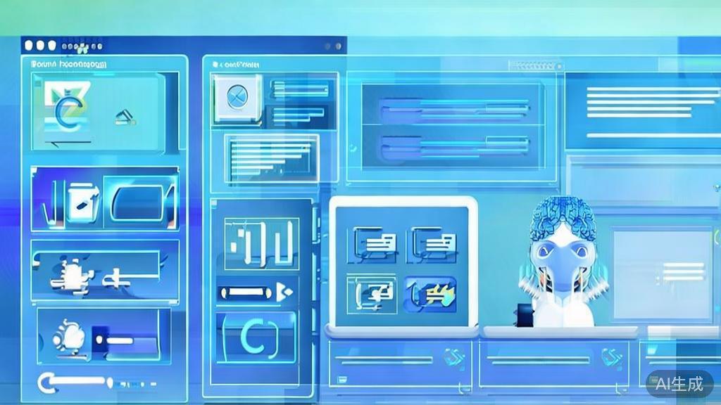 Flat vector illustration of AI in e-commerce photography, dashboard style, soft blue gradient