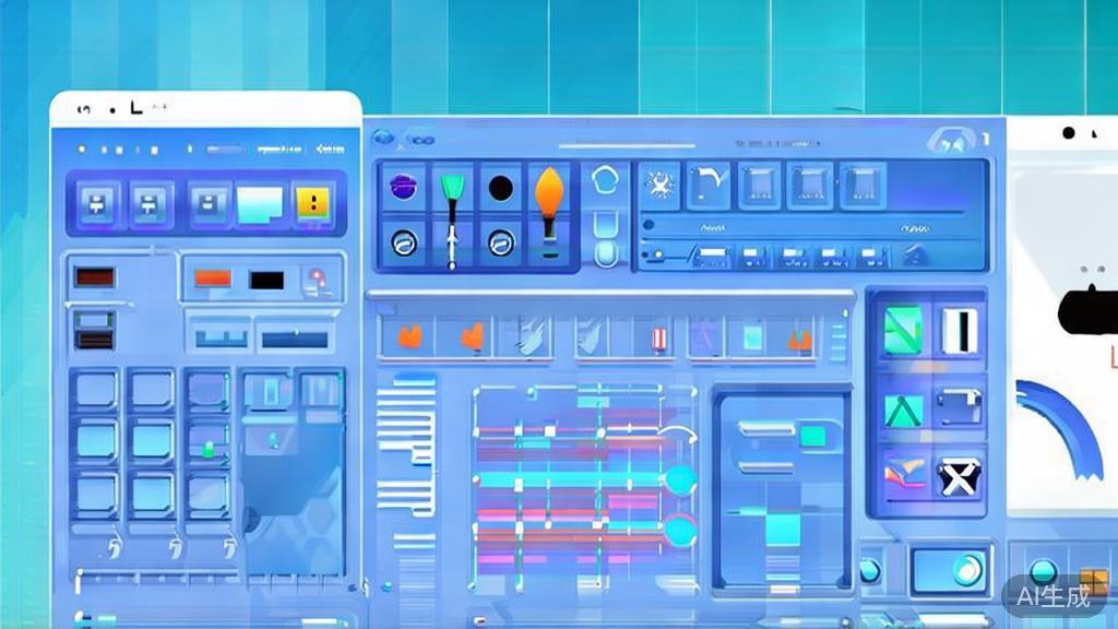 Flat vector illustration of AI image editing tools, dashboard style, soft blue gradient