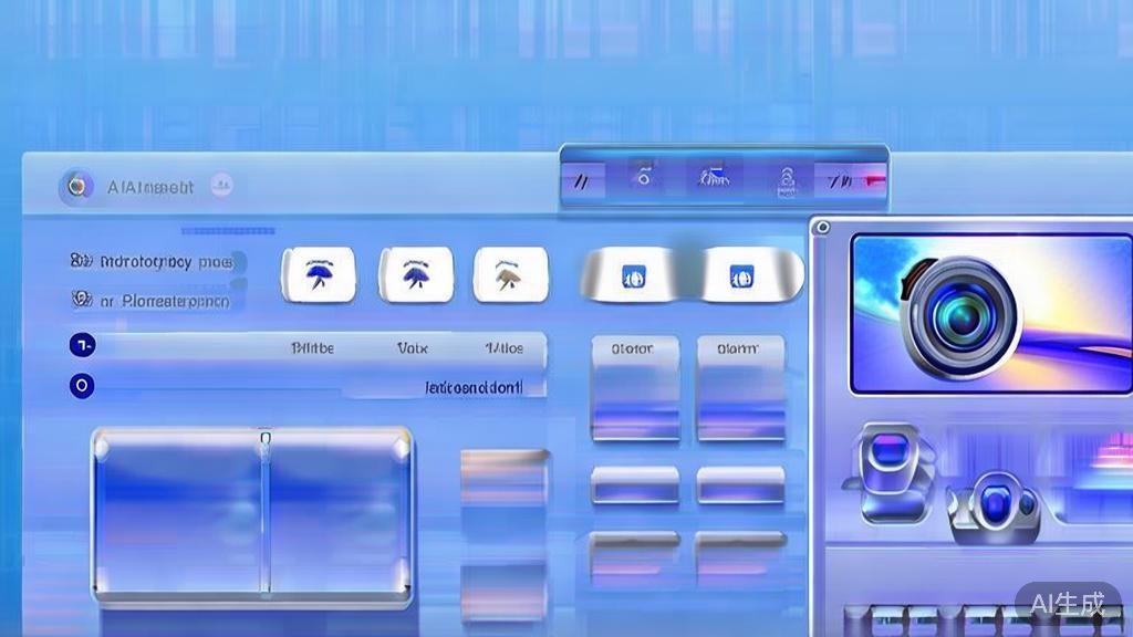 Flat vector illustration of AI photography tools, dashboard style, soft blue gradient