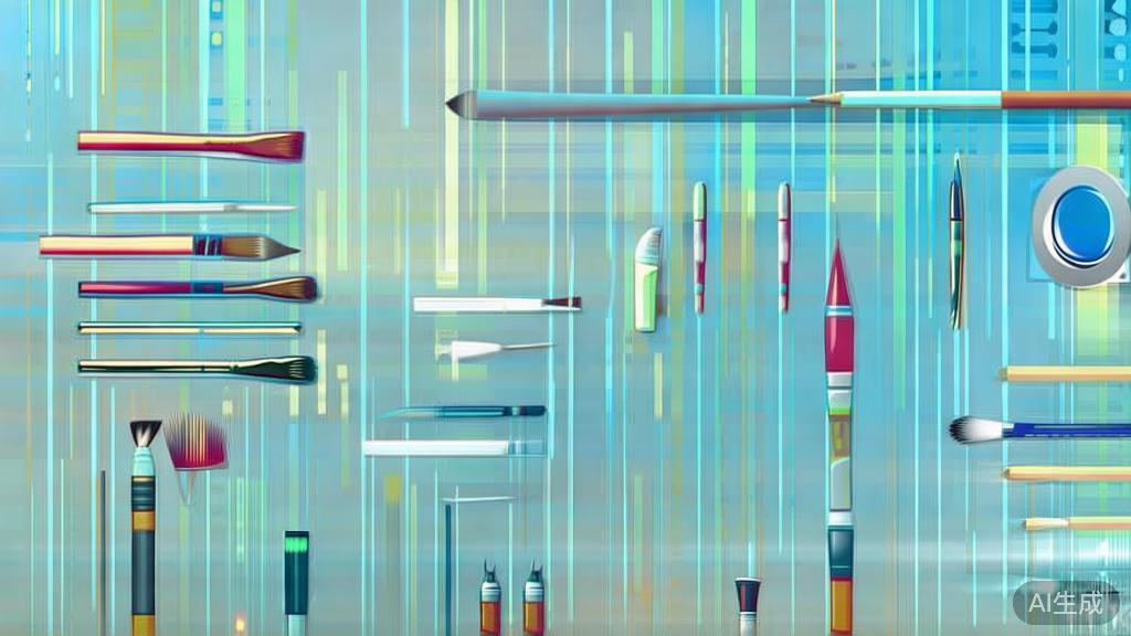 Flat vector illustration of traditional painting tools, dashboard style, soft blue gradient