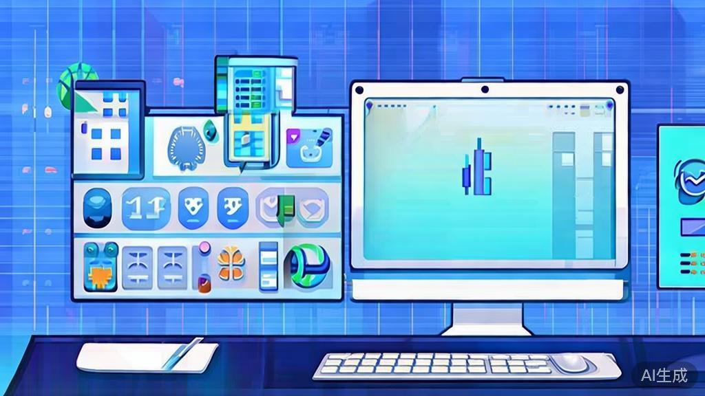 Flat vector illustration of a digital creative workspace, dashboard style, soft blue gradient