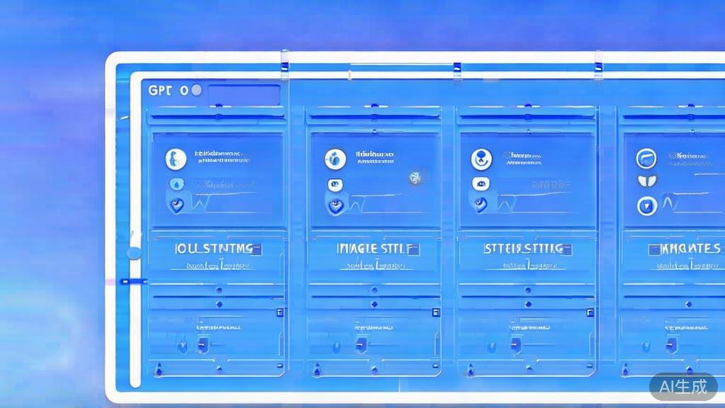 Flat vector illustration of customizing settings in GPT Image 2.0, dashboard style, soft blue gradient