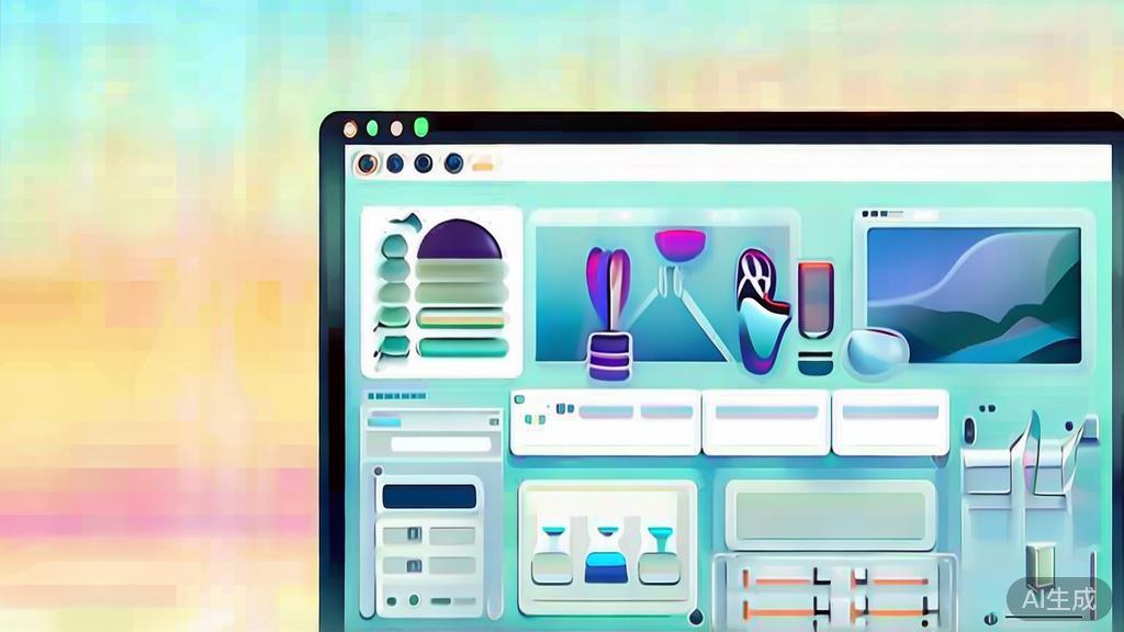 "Flat vector illustration of image editing tools on a computer screen, dashboard style, soft blue gradient"
