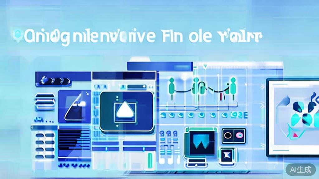 "Flat vector illustration of future of AI in creative industries, dashboard style, soft blue gradient"