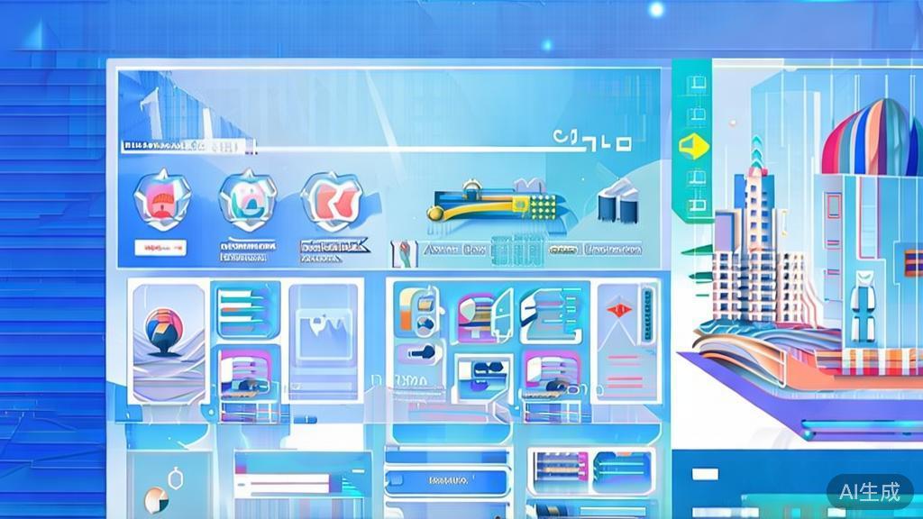 Flat vector illustration of diverse applications of image generation technology, dashboard style, soft blue gradient