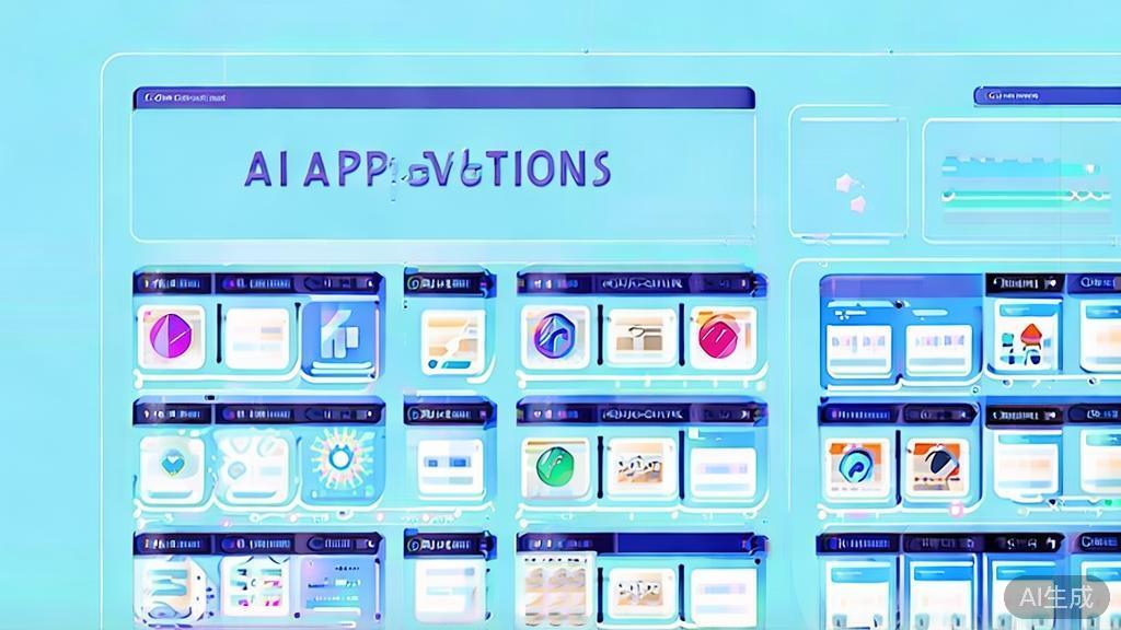Flat vector illustration of AI applications in various fields, dashboard style, soft blue gradient