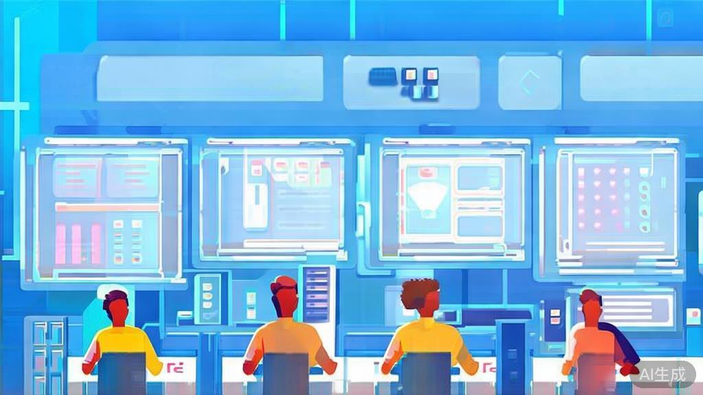 Flat vector illustration of a diverse team collaborating on AI projects, dashboard style, soft blue gradient